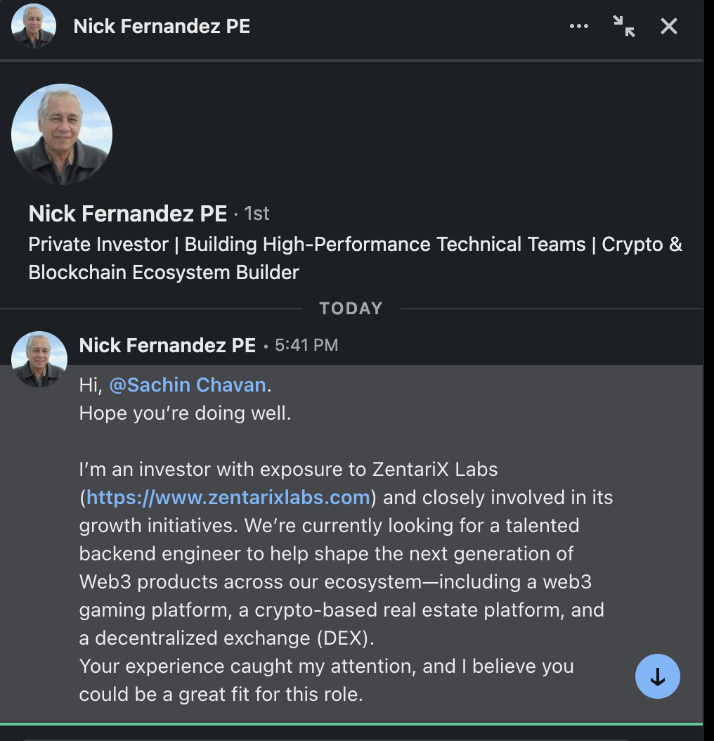 LinkedIn message from a 'private investor' pitching a Web3 backend role