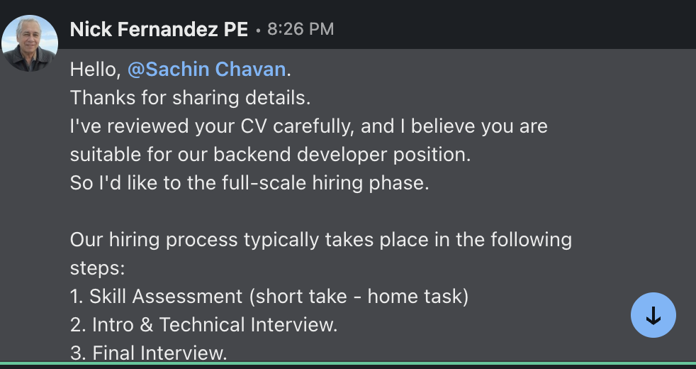 Recruiter message outlining a 3-step hiring process: skill assessment, technical interview, final interview