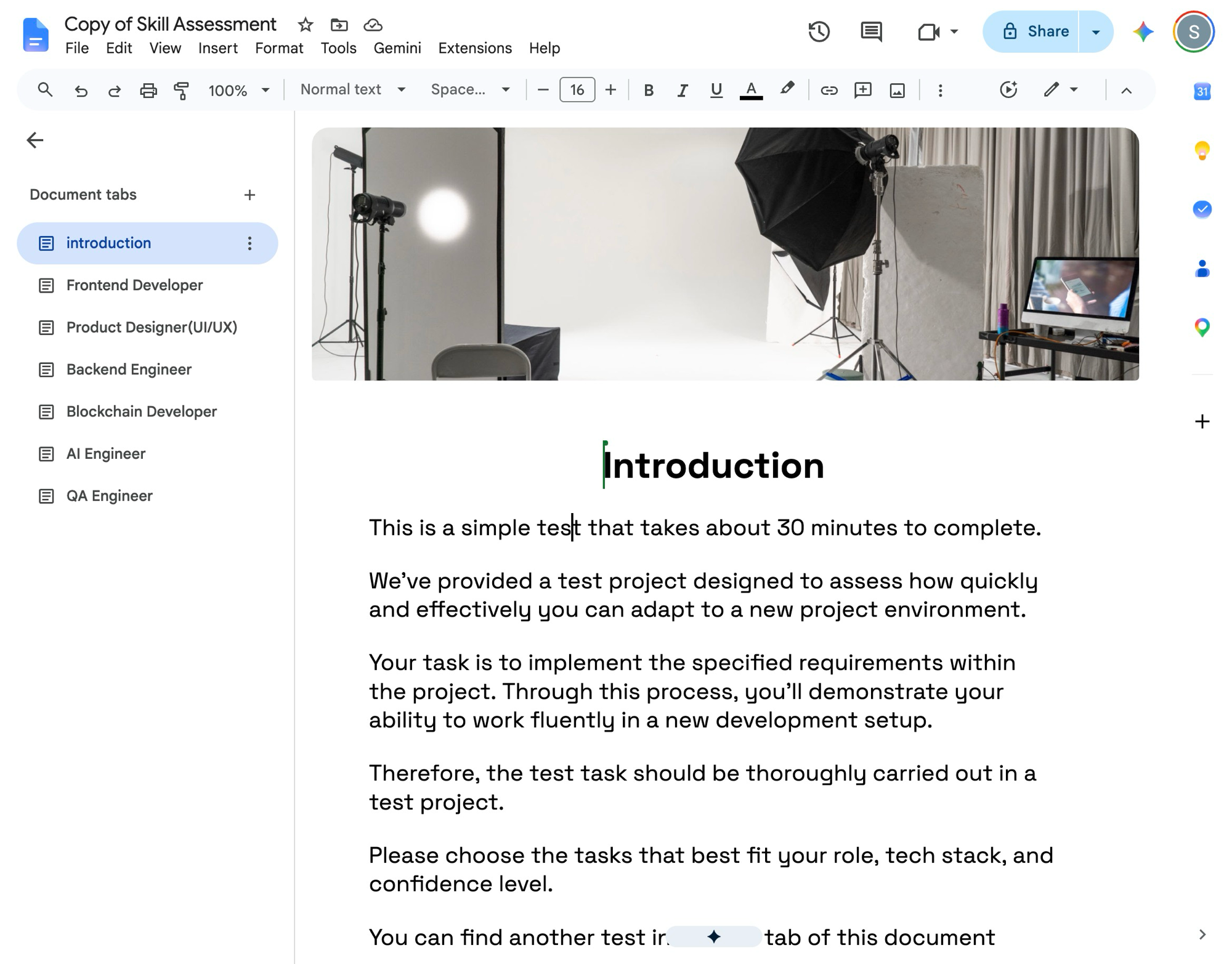 Google Doc titled 'Copy of Skill Assessment' with tabs for multiple engineering roles