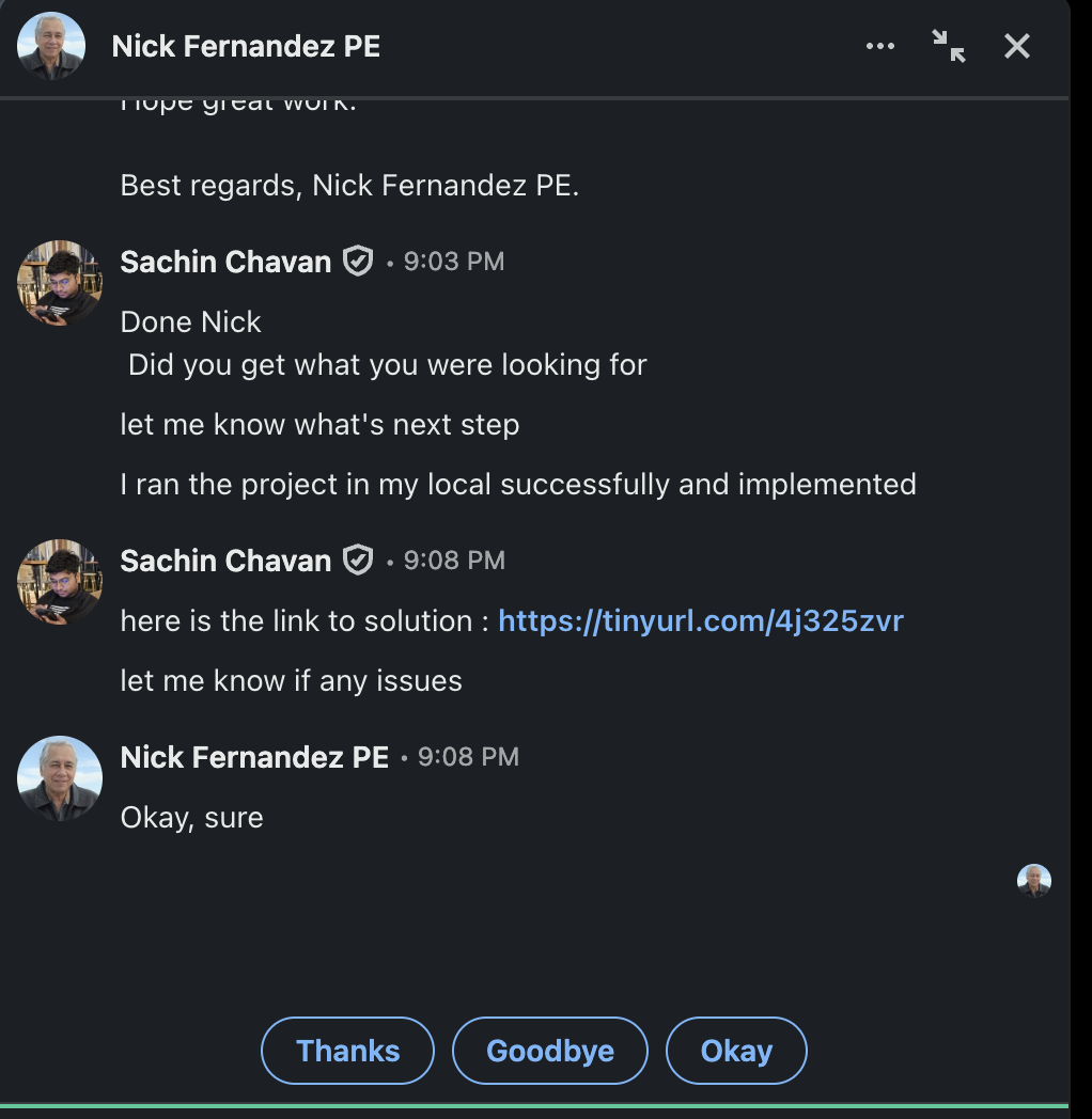 My message telling the recruiter I ran the project locally, with a solution link