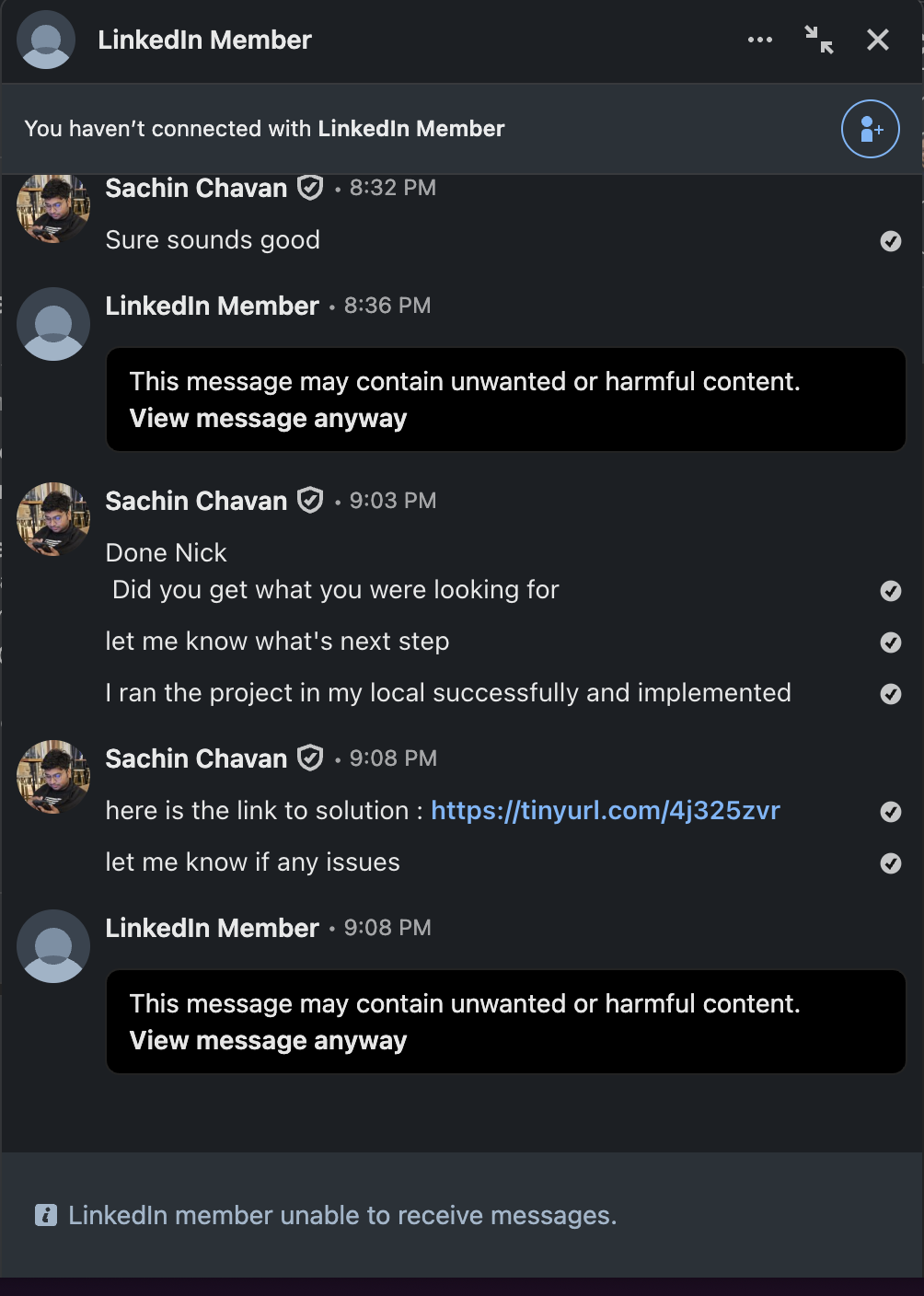 LinkedIn now shows the recruiter as a generic 'LinkedIn Member', flags his messages as harmful, and says he can't receive messages